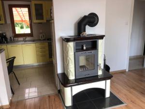 a kitchen with a stove in the middle of a room at Treasure Deluxe House in Miskolctapolca