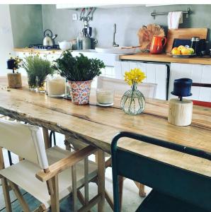 a wooden table in a kitchen with plants on it at Comporta Cottage in Montevil