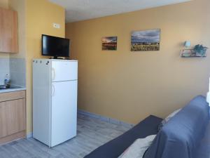 a kitchen with a refrigerator and a tv on a wall at Gîtes Marschall Jean-Pierre in Beblenheim