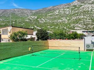 a tennis court in front of a mountain at Große Ferienwohnung in Cesarica mit Privatem Pool in Cesarica