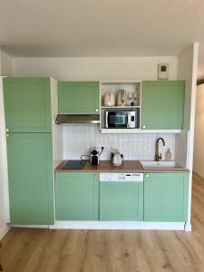 プルゴンヴランにあるAppartement Cosy, terrasse vu mer, piscine, Sauna - WarmHouseのキッチン(緑のキャビネット、電子レンジ付) +12枚の写真