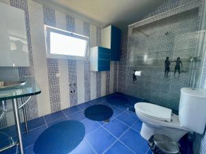 a bathroom with a toilet and a shower with blue tiles at Casa da Anta in Chaves