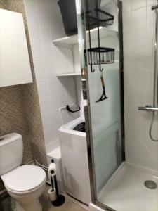 a small bathroom with a toilet and a shower at Lovely T2 with garden by the sea in Camiers +2 photos