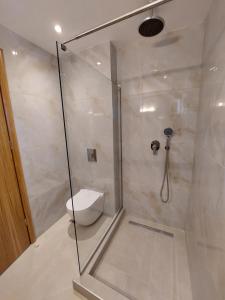 a bathroom with a shower with a toilet in it at Blue Bay Hotel in Iraklitsa