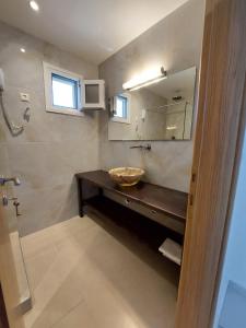 a bathroom with a sink and a mirror and a shower at Blue Bay Hotel in Iraklitsa