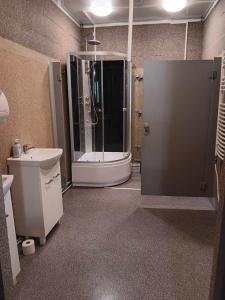 a bathroom with a shower and a sink at Chata na Rogu in Boszkowo-Letnisko