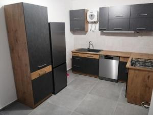 eine Küche mit einem schwarzen Kühlschrank und einer Spüle in der Unterkunft Apartments Kabalin 3 in Novi Vinodolski