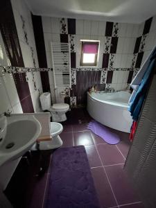 a bathroom with a tub and a toilet and a sink at Casa Iuliana Camelia in Câmpulung Moldovenesc +4 photos