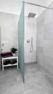 a shower with a glass door in a bathroom at FeWo Urban Gotha-Apartment Friedenstein- Am Schlosspark- Parken an der der Tür- Barrierefrei, 900 Meter zum Bahnhof - Wallbox in Gotha