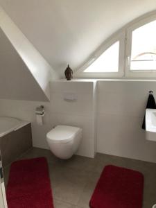 Un baño con inodoro, lavabo y ventana. en Haus Eisvogel, en Prerow 38 fotos más