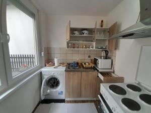 a small kitchen with a washing machine and a window at Amina River Apartment in Bihać