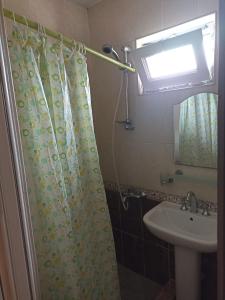 un bagno con tenda da doccia e lavandino di guest house come a Kobuleti