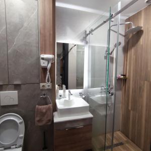 a bathroom with a sink and a toilet and a shower at Badem Garden Apart Hotel in Tashkent +43 photos