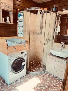 a washing machine in a bathroom with a sink at VillaHarmony wartet auf Familien mit Hund! in Lommatzsch +16 photos