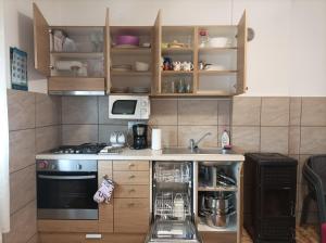 a small kitchen with a sink and a stove at Garden Apartment Braut in Kornić