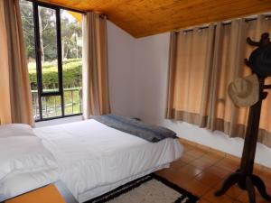 a bedroom with a bed and a window at Cabañas Refugio del cerro in Aquitania