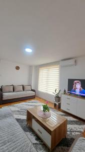 uma sala de estar com um sofá e uma TV em Apartman Biser Pive em Plužine mais 3 fotografias