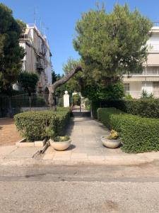 a sidewalk with bushes and trees in a city at Dori's Seaside Apartment in Athens