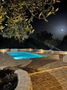 a swimming pool at night with the moon in the background at Trullo Tatauan in San Michele Salentino +22 photos