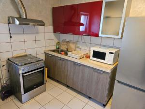 a kitchen with a stove and a microwave at Cazare la mare Casa Realis Ovidiu in Ovidiu