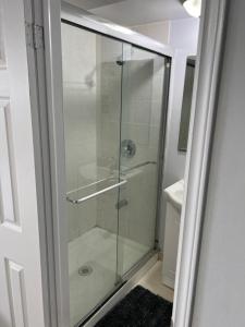 a glass shower in a bathroom with a sink at Cozy basement 2 bedroom 2 bath with parking in Richmond Hill