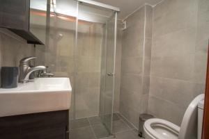 a bathroom with a shower and a sink and a toilet at Work of Art apartment in Nea Michaniona in Néa Michanióna +14 photos