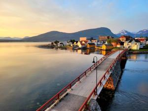 a bridge over a body of water with houses at Beautiful panoramic apartment in Vestnes +19 photos
