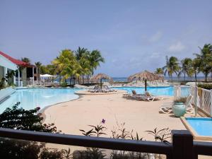 a swimming pool with chairs and umbrellas and the ocean at Bel appartement familial in Saint-François