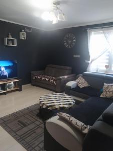 a living room with a couch and a tv at Bajkowy Dom in Mielno