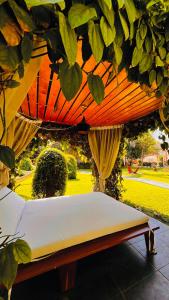 a bench sitting under an umbrella in a garden at Hotel Palacio Maya in Mérida