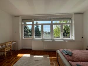 a bedroom with two windows and a bed and a desk at Jó hely in Balatonalmádi