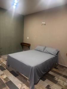 a bedroom with a bed with a white bedspread at Autohotel el Búho in Manlio Fabio Altamirano