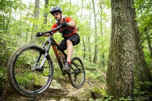 a man riding a bike on a trail in the woods at Artist Lane Cottage in Nashville