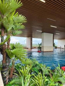 a swimming pool with palm trees in a building at Căn penhouse 3 ngủ view biển FPT plaza 2 in Da Nang