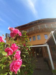 a house with pink roses in front of it at Casa Tudor Turda in Turda