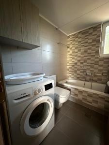 a bathroom with a washing machine and a toilet at Melina house in Ayiá +27 photos