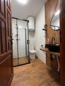 a bathroom with a shower and a sink and a toilet at Krucha in Bukovel +89 photos