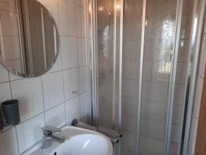 a bathroom with a shower with a sink and a mirror at Asbichlerhof in Bad Endorf +17 photos
