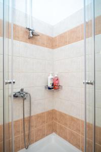 a shower with a glass door in a bathroom at I & G Family Apartment in Kalabaka +35 photos