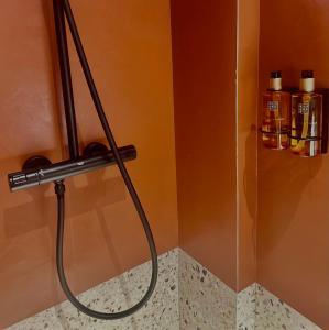 a shower hose hooked up to a wall in a bathroom at Jais Home-Moon Apartment Old Town in Cluj-Napoca +18 photos