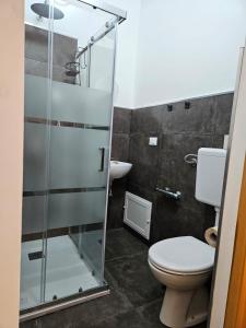 a bathroom with a toilet and a glass shower at Bio Hotel Palermo in Palermo