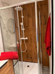 a shower with a red stool in a bathroom at Final 1room Condo WarszawaCenter in Warsaw +37 photos