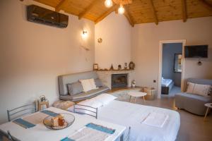 a living room with two beds and a fireplace at Fofi's House in Agii Saranta