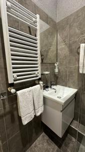 a bathroom with a sink and a mirror and towels at Wald Hotel Lagodekhi in Lagodekhi