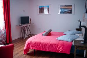 a bedroom with a red bed with blue pillows at CASA RURAL GA7COLORES only adult in Montaña Blanca