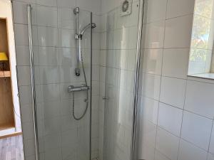 a shower with a glass door in a bathroom at Mandal Apartment mit Möglichkeit ein Boot zu benutzen und Angeln in Mandal +30 photos
