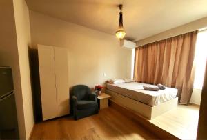 雅典Minimalistic Studio with Acropolis View Shared Roof Top的一间带床和椅子的小卧室