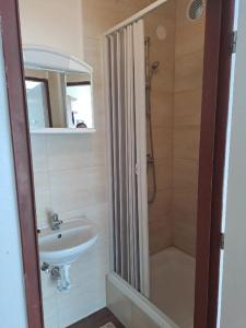 a bathroom with a sink and a shower at Apartmán s terasou in Olomouc