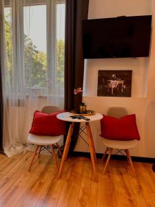 a living room with a table and two chairs and a tv at Nice 1Room Condo WarszawaCenter in Warsaw