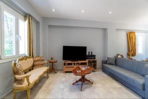 a living room with a blue couch and a tv at Villa Angelique in Sinarádes